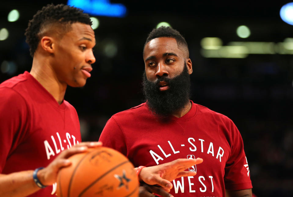 TORONTO, ON - FEBRUARY 14: Russell Westbrook #0 of the Oklahoma City Thunder and the Western Conference and James Harden #13 of the Houston Rockets and the Western Conference warm up before the NBA All-Star Game 2016 at the Air Canada Centre on February 14, 2016 in Toronto, Ontario. NOTE TO USER: User expressly acknowledges and agrees that, by downloading and/or using this Photograph, user is consenting to the terms and conditions of the Getty Images License Agreement.  (Photo by Elsa/Getty Images)