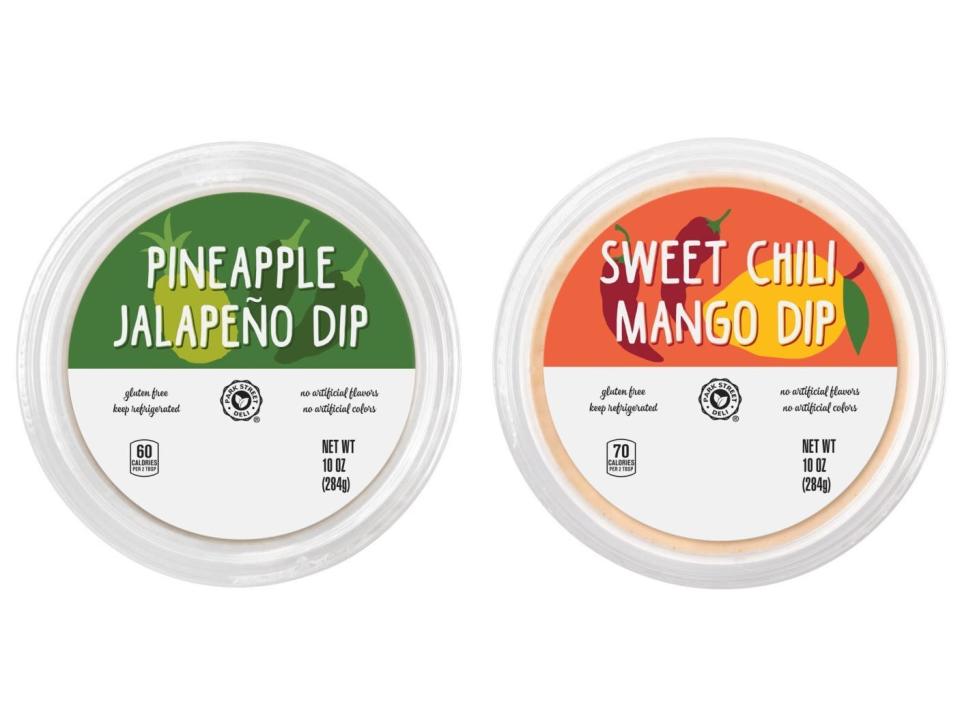 Two containers of Park Street Deli dips: one in a pineapple-jalapeño flavor and one in a sweet-chili-mango flavor.