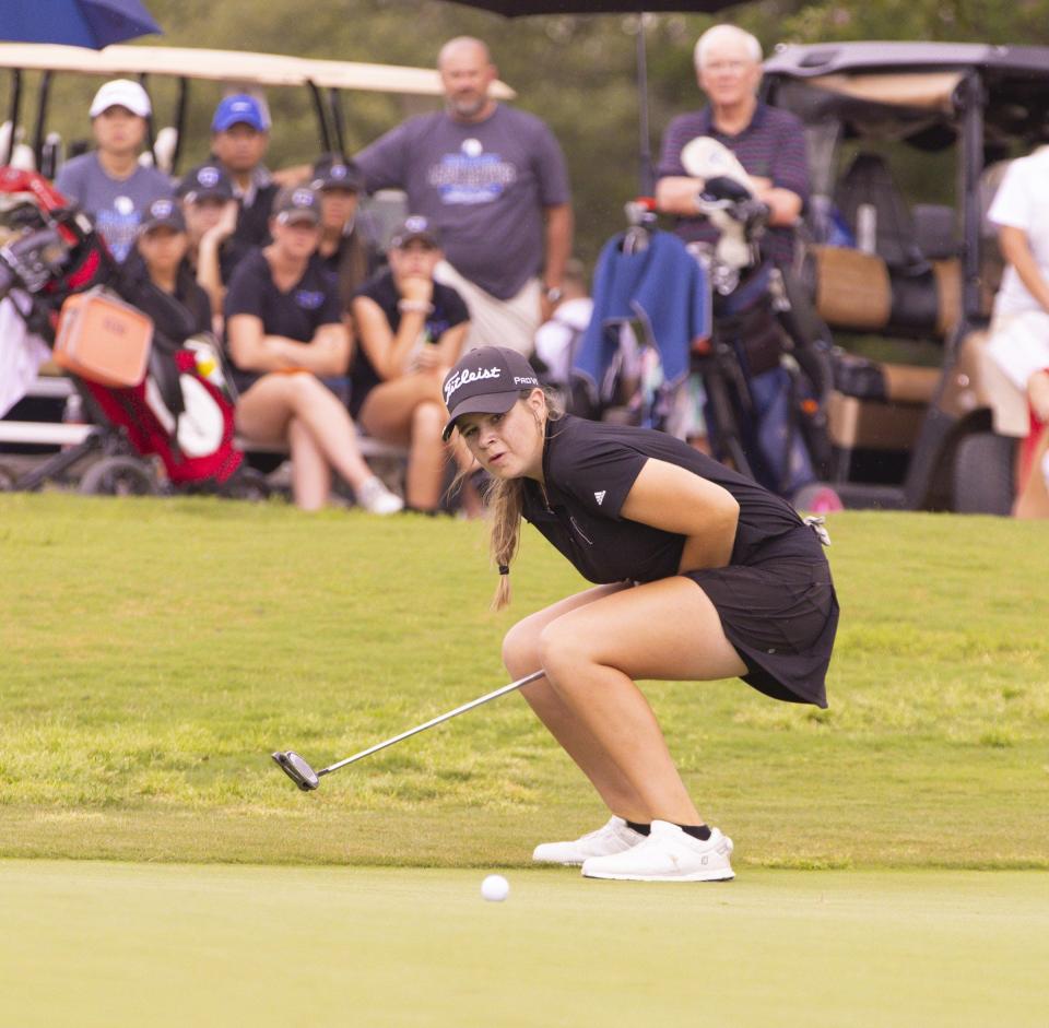 Vandegrift's Sydney Givens reacts after missing her birdie putt on the 18th green Tuesday in the final round of the UIL Class 6A girls state golf championship at Legacy Hills Golf Club in Georgetown. Givens finished with silver individually, and helped lead the Vipers to the team title.