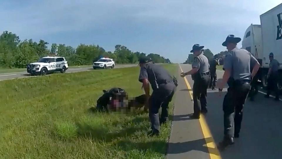 PHOTO: Video showing a police dog attacking and biting a suspect who had his hands up and was on his knees during a July 4, 2023, incident was released on July 21, 2023, by the Ohio State Highway Police. (Ohio State Highway Police)