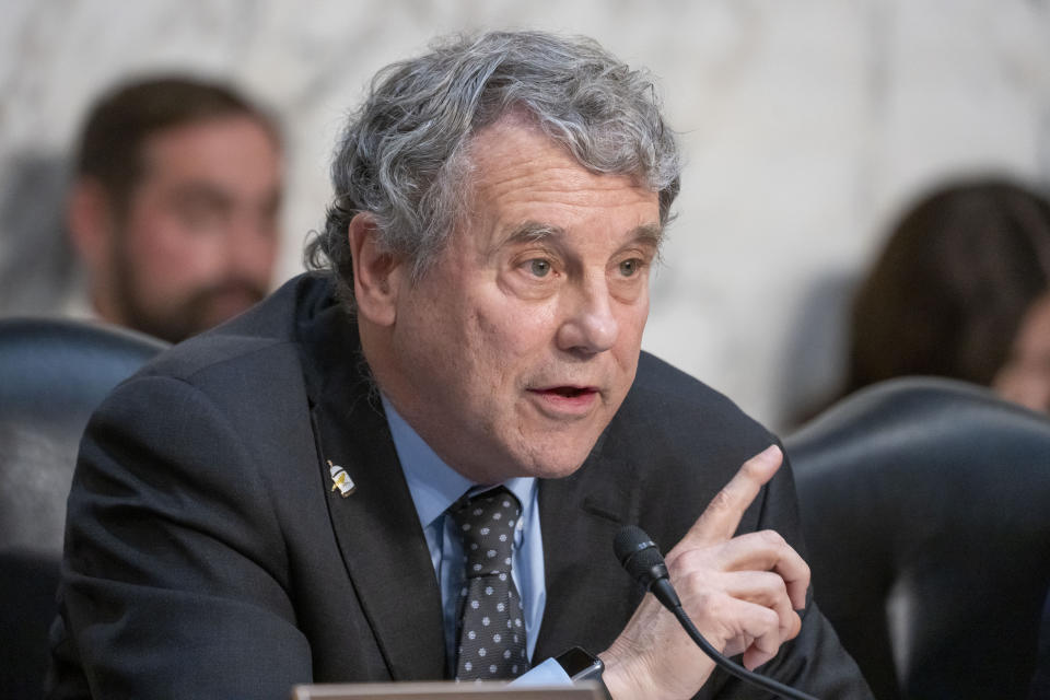 FILE - Sen. Sherrod Brown, R-Ohio, speaks during a hearing on Capitol Hill, Dec. 6, 2023, in Washington. (AP Photo/Alex Brandon, File)