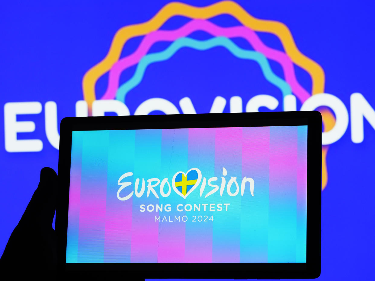 In this photo illustration, the Eurovision Song Contest 2024 logo seen displayed on a tablet. (Photo Illustration by Igor Golovniov/SOPA Images/LightRocket via Getty Images)
