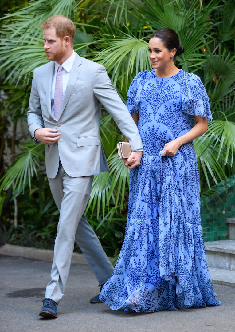 <p>The Duchess of Sussex chose a bespoke floral Carolina Herrera gown accessorised with a Dior ‘Bee’ clutch to meet King Mohammed VI of Morocco on the final day of their tour. <em>[Photo: Getty]</em> </p>