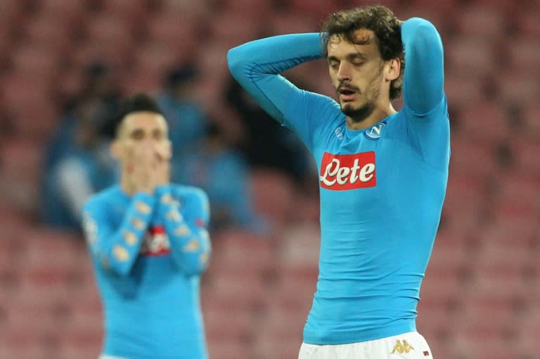 Napoli's Manolo Gabbiadini reacts after missing a shot against Dynamo Kiev on November 23, 2016 at the San Paolo stadium in Naples