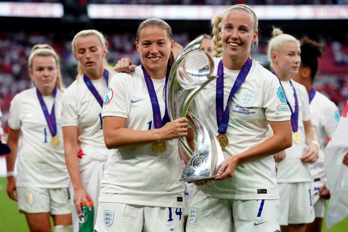 Beth Mead, right, holds the Euro 2022 trophy with England team-mate Fran Kirby (Nick Potts/PA) (PA Wire)
