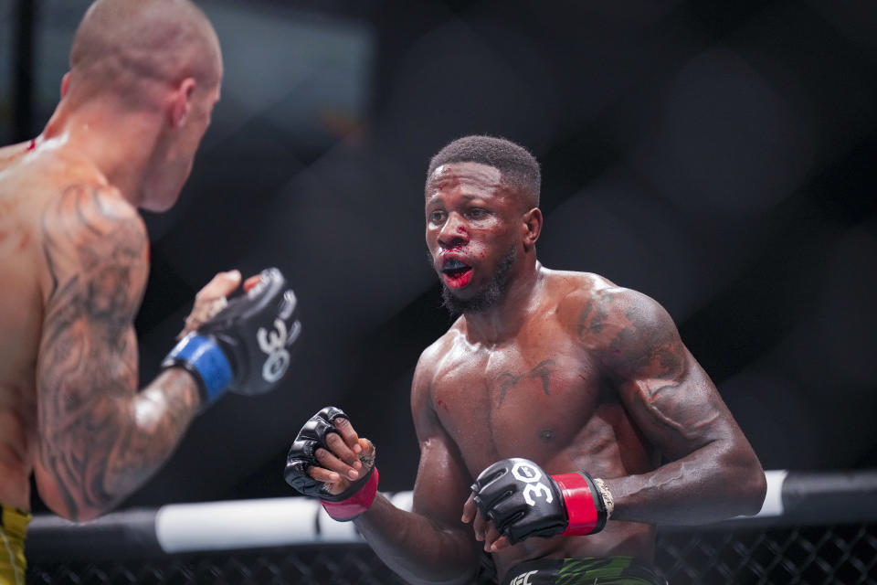 Jun 24, 2023; Jacksonville, Florida, USA; Randy Brown (red gloves) fights Wellington Turman (blue gloves) in a welterweight bout during UFC Fight Night at VyStar Veterans Memorial Arena. Mandatory Credit: David Yeazell-USA TODAY Sports