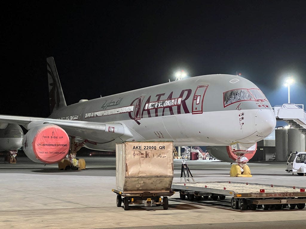 Surface damage seen on Qatar Airways' airbus A350 parked at Qatar airways aircraft maintenance hangar in Doha