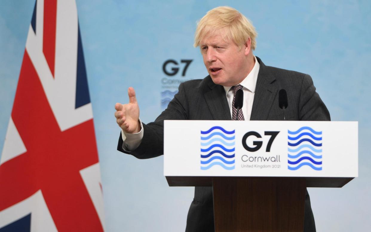 Boris Johnson, U.K. prime minister, gestures as he speaks during a news conference on the final day of the Group of Seven leaders summit in Carbis Bay, U.K - Neil Hall/EPA/Bloomberg
