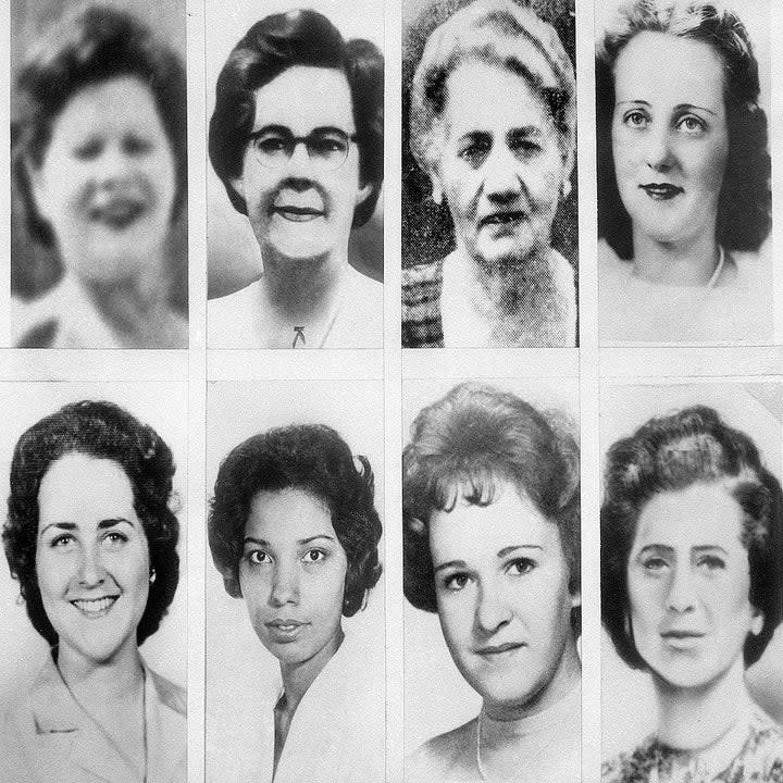 Boston Strangler victims (from L to R): Rachel Lazarus, Helen E. Blake, Ida Irga, Mrs. J. Delaney, Patricia Bissette, Daniela M. Saunders, Mary A. Sullivan, Mrs. Israel Goldberg.