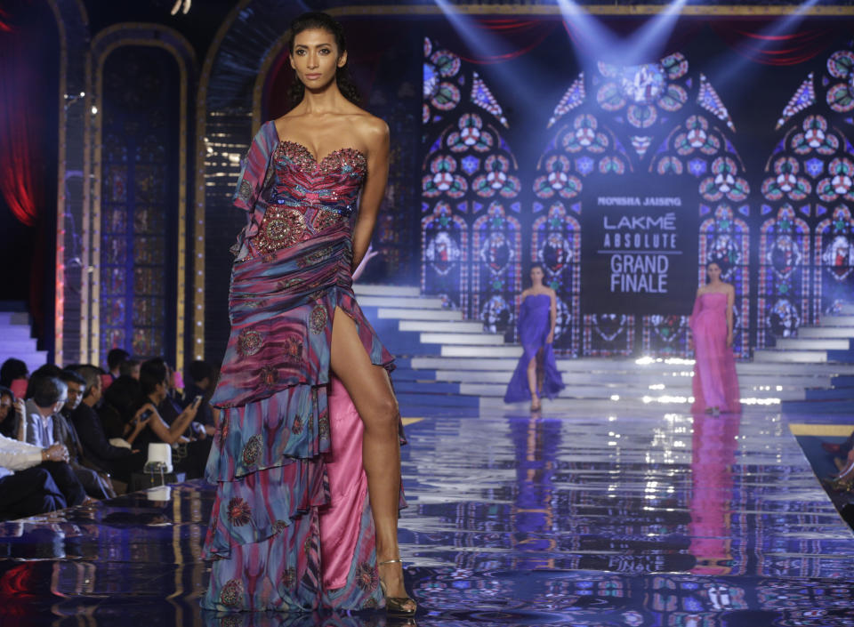 In this Aug. 26, 2018, file photo, models display creations by Monisha Jaising at the grand finale during Lakme Fashion Week in Mumbai, India. (AP Photo/Rafiq Maqbool, File)