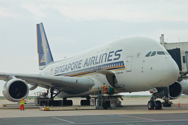 <p>Getty</p> A Singapore Airlines Airbus A380 jumbo is seen docked at Pudong Airport in Shanghai, China, September 11, 2023.