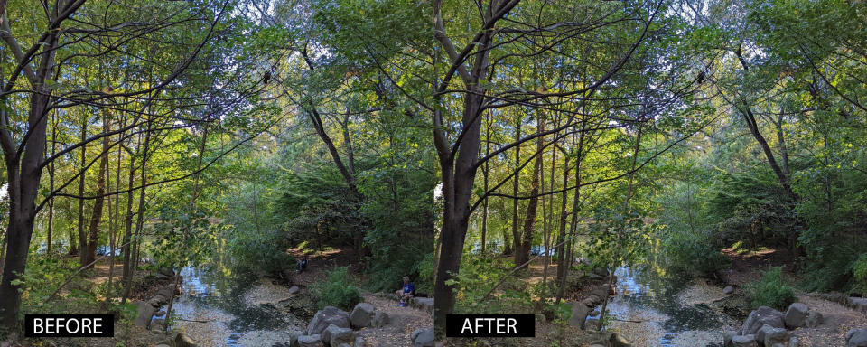 Pixel 6 camera mode samples. A composite showing a picture of a stream before and after Google's Magic Eraser removed two people sitting on the bank.