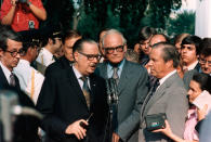 <p>Sen. Hugh Scott, Sen. Barry Goldwater and Rep. John Rhodes briefing the press after meeting with President Nixon a few days before his resignation. (Photo: Corbis via Getty Images) </p>