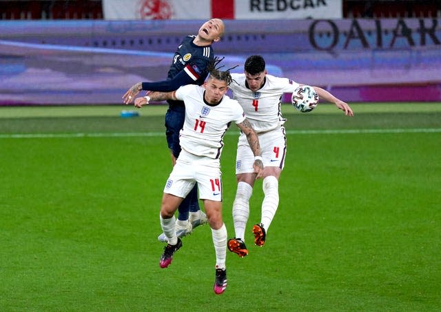 Midfielders Kalvin Phillips (centre) and Declan Rice are among four England players on a booking (Mike Egerton/PA).