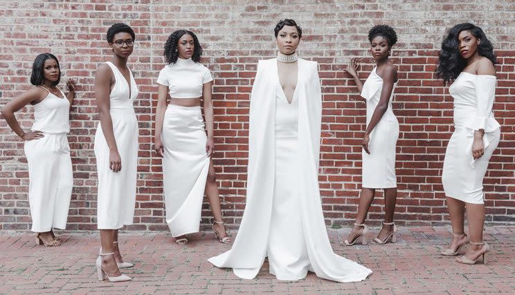 Bride Bria Shelton and her all-white wedding party.