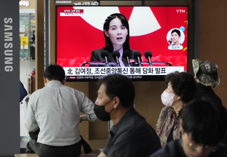 A TV screen shows a file image of Kim Yo Jong, the sister of North Korean leader Kim Jong Un, during a news program at the Seoul Railway Station in Seoul, South Korea, Thursday, June 1, 2023. Kim Yo Jong on Thursday accused the United States of "gangster-like" hypocrisy for criticizing her country's failed launch of a military spy satellite and insisted that the North will follow with a successful launch soon. (AP Photo/Ahn Young-joon)