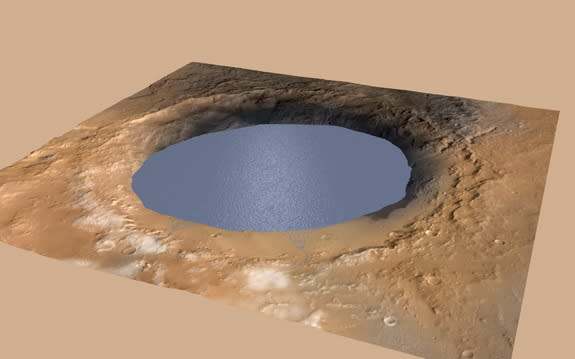 This artist's illustration shows a lake of water partially filling Gale Crater on Mars. Image released Dec. 8, 2014.