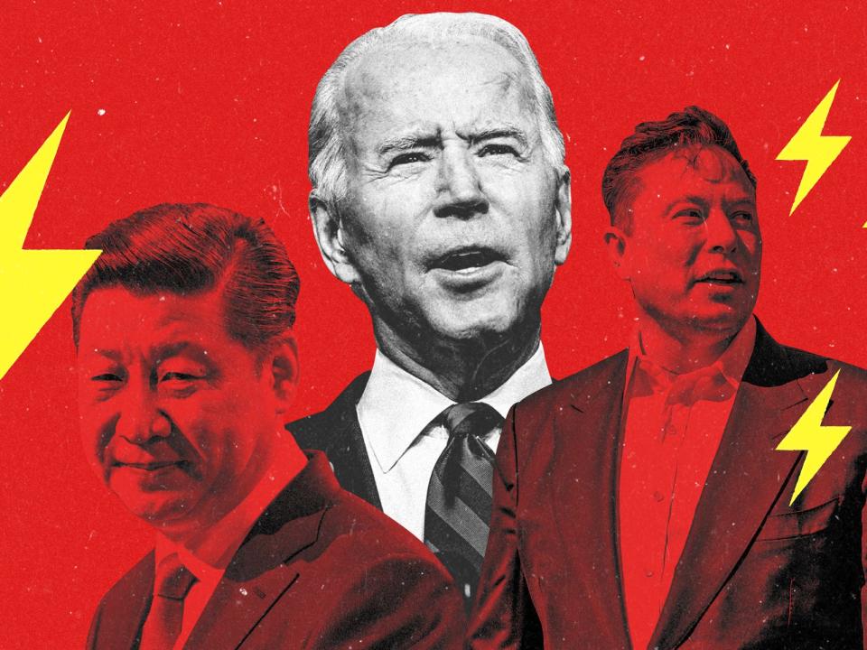 A red-tinted Xi Jinping, black-and-white Joe Biden, and red-tinted Elon Musk on a bright red background with yellow electric bolts in formation of the stars on China's flag.
