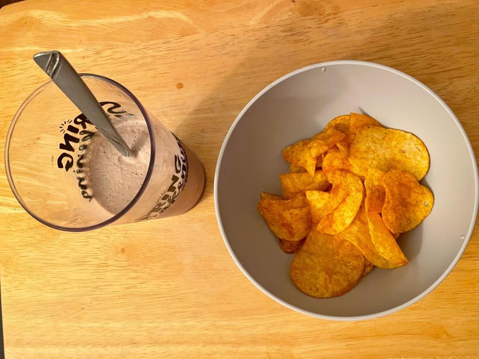 Chocolate milkshake and barbecue potato chips