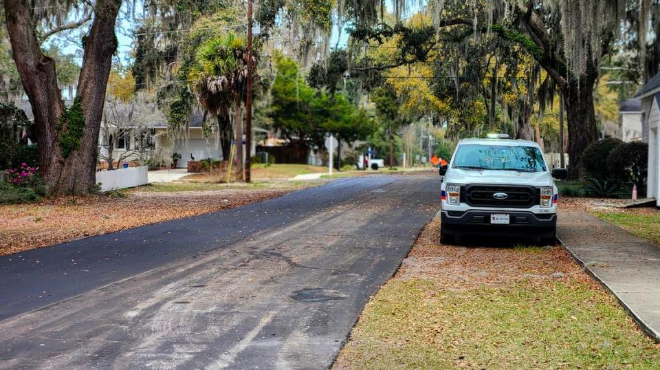 Paving has begun on Madrid Avenue on Tuesday, March 5, 2024 in the Town of Port Royal. Workers with Charlotte-based Blythe Construction will repave most of the town’s roads with the exception of Paris Avenue and will take three to four weeks.