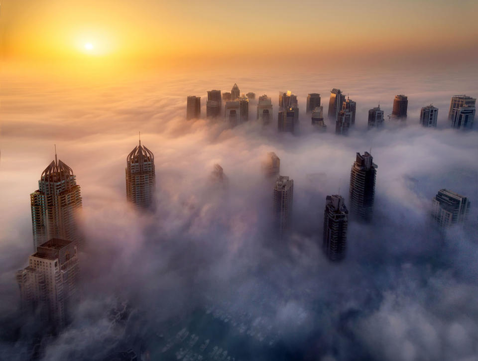 Thick fog covers Dubai skyline