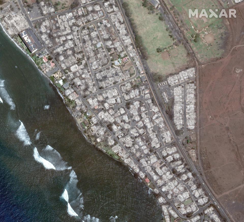 aerial view of Lahaina after fires