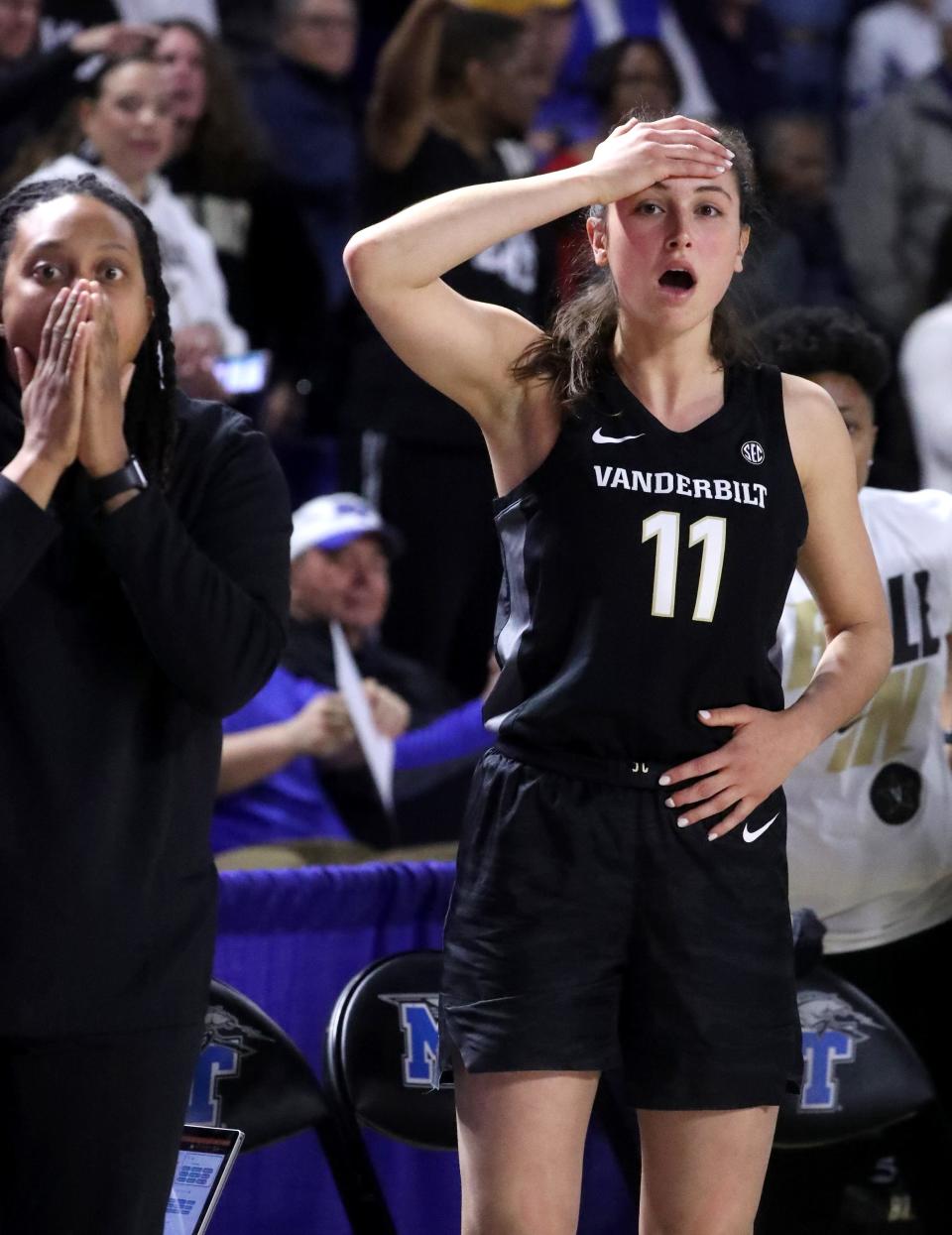 Vanderbilt forward Kendal Cheesman (11) reacts to a player falling at the basket and not having a foul called against MTSU in the final seconds of the third round of the Women's National Invitation Tournament at Murphy Center.