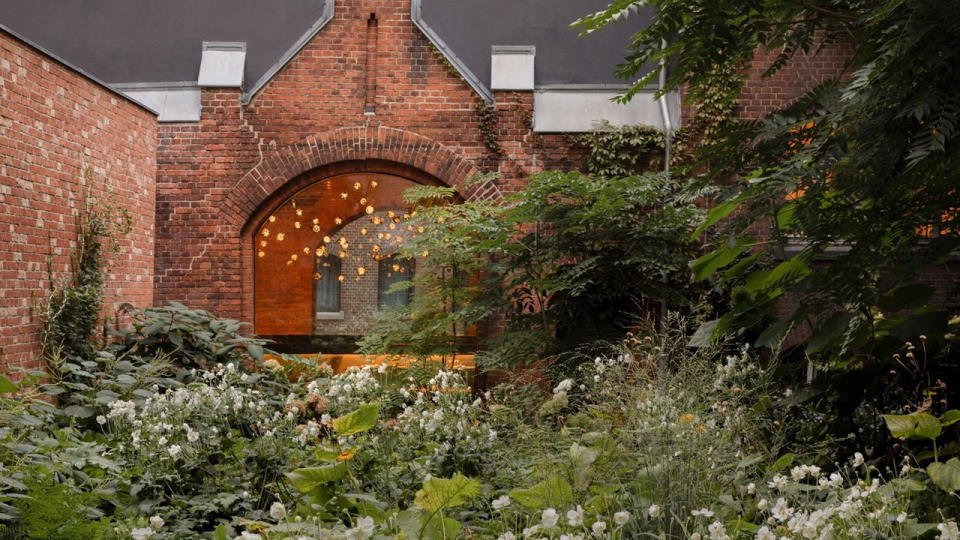 Outdoor courtyard in the Wilmina Hotel's old cell block area is overgrown with greenery. 