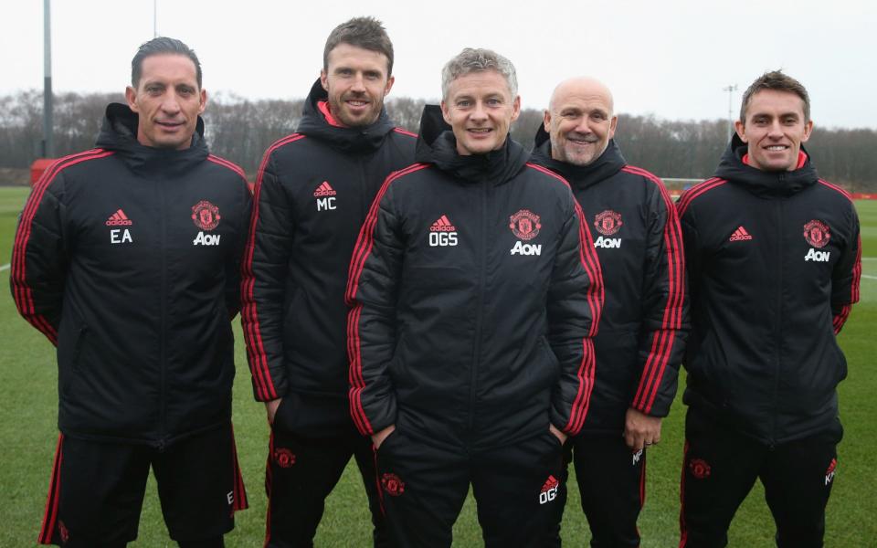 Ole Gunnar Solskjaer (centre) will not be afraid to make his presence felt - Manchester United