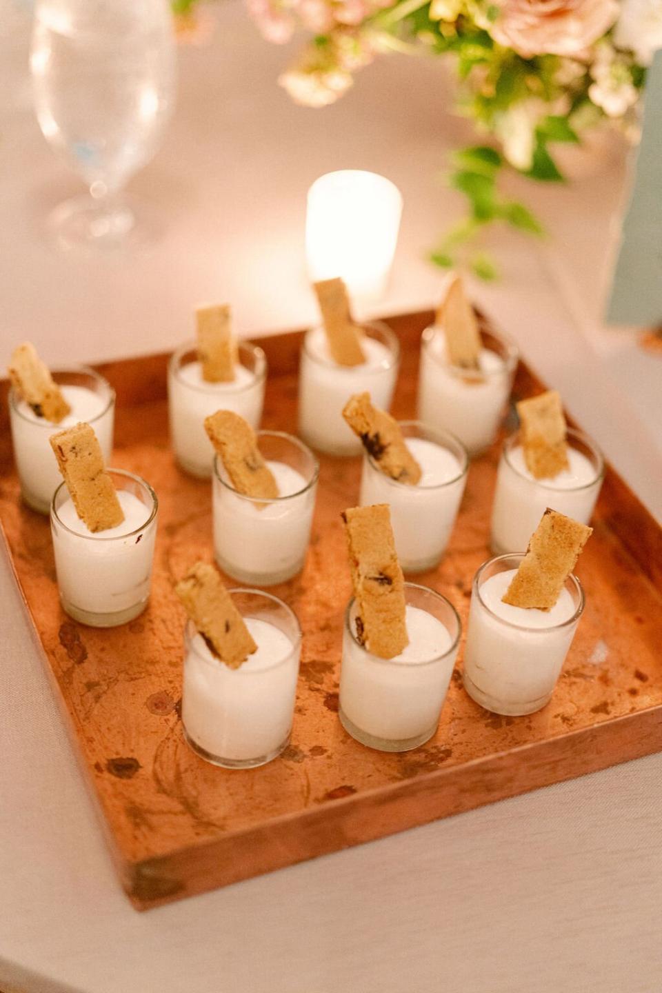 tray with milkshake shot filled glasses