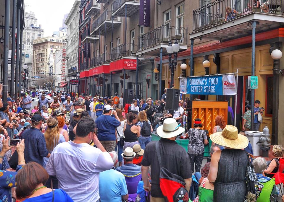 A scene from the 2019 French Quarter Festival which drew thousands of music fans to New Orleans for free concerts from local musicians. On the last night of the April 11-14 festival, New Orleans Police Department reported a woman was killed and 11 people were injured during a mass shooting in the the city's Warehouse District, about a mile and a half away.