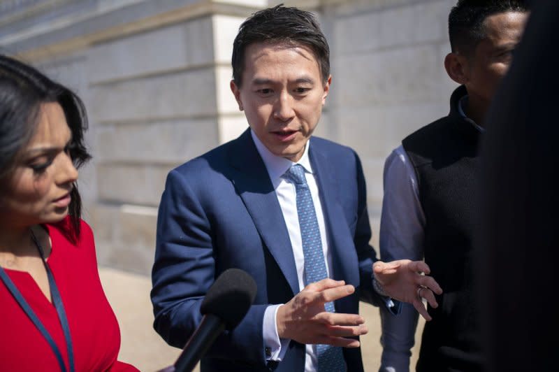 Tiktok CEO Shou Zi Chew speaks with the press after meeting with lawmakers at the U.S. Capitol in mid-March. On Tuesday, it was announced that TikTok is suing the federal government over the recent law signed by President Joe Biden which would effectively ban the app in the United States. File Photo by Bonnie Cash/UPI
