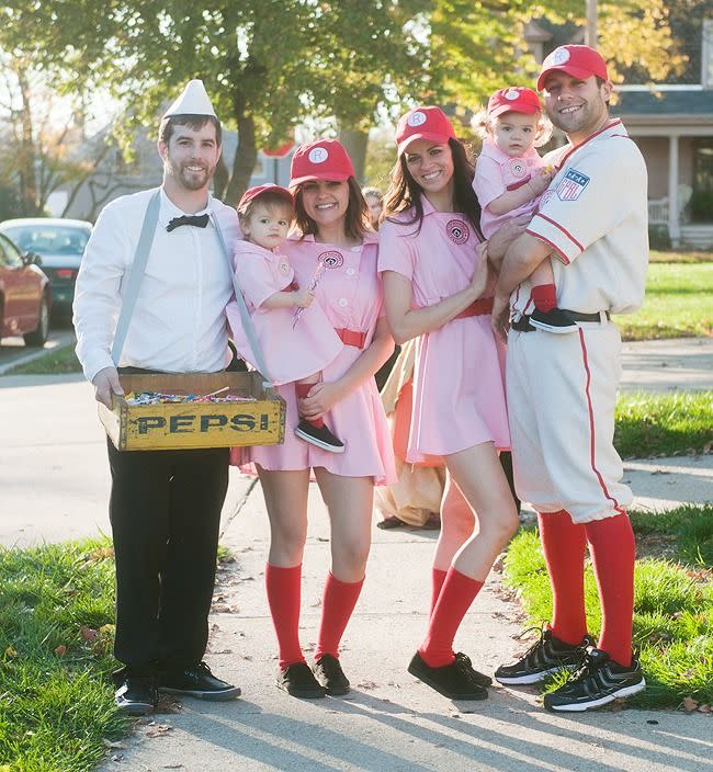 <p>Batter up! Any player of any age can put on a Rockford Peach uniform — just cross your finger that you you don't get traded to the Racine Belles!</p><p><a href="https://prettyplainjanes.com/2013/10/25/halloween-flashback/" rel="nofollow noopener" target="_blank" data-ylk="slk:Get the tutorial at Pretty Plain Janes »;elm:context_link;itc:0;sec:content-canvas" class="link "><em>Get the tutorial at Pretty Plain Janes »</em></a></p>