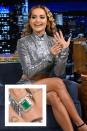 <p>Rita Ora debuted her engagement ring—that doubles as a wedding ring!—on the <em>Tonight Show With Jimmy Fallon </em>in January 2023. The singer secretly tied the knot with director Taika Waititi last year, and she told Jimmy she helped him pick out this emerald ring. "I may have taken him to the shop and pointed out exactly what ring I wanted," she joked.</p>