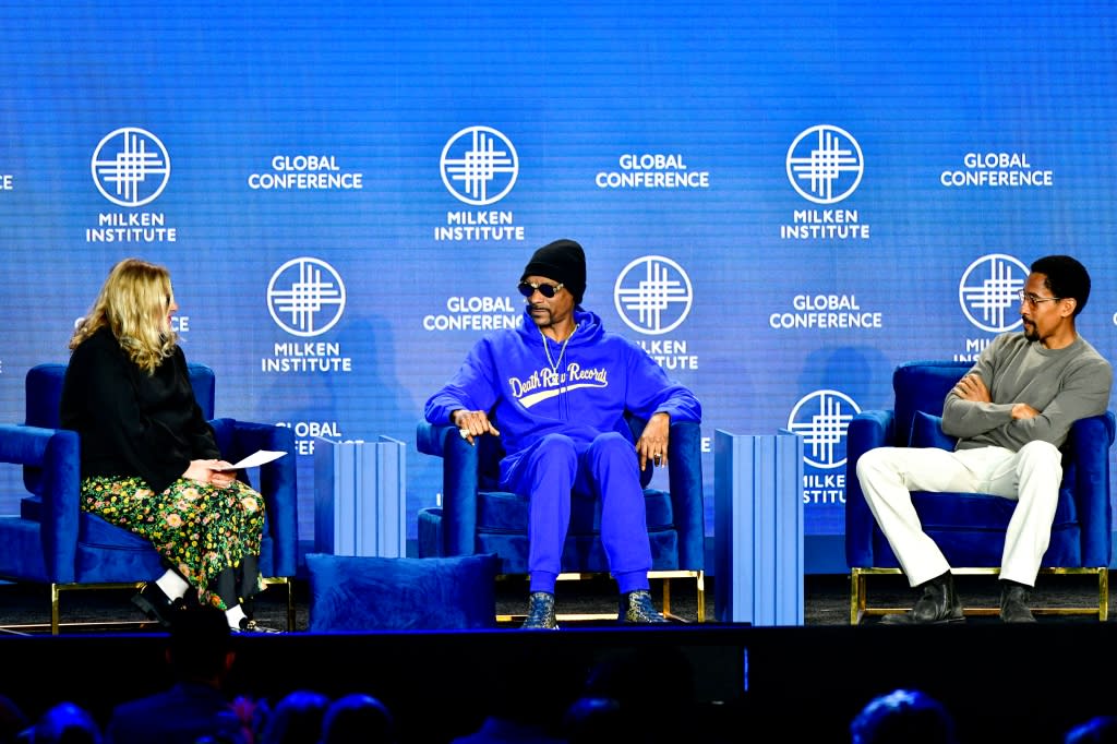 BEVERLY HILLS, CALIFORNIA - MAY 03: (L-R) Shirley Halperin, Snoop Dogg and Larry Jackson attend the 2023 Milken Institute Global Conference at The Beverly Hilton on May 03, 2023 in Beverly Hills, California. (Photo by Jerod Harris/Getty Images)