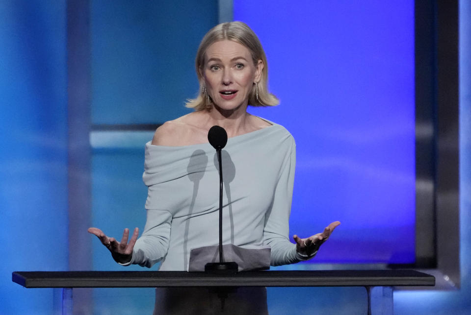 Actor Naomi Watts speaks from the stage during the 49th AFI Life Achievement Award tribute to Nicole Kidman, Saturday, April 27, 2024, at the Dolby Theatre in Los Angeles. (AP Photo/Chris Pizzello)