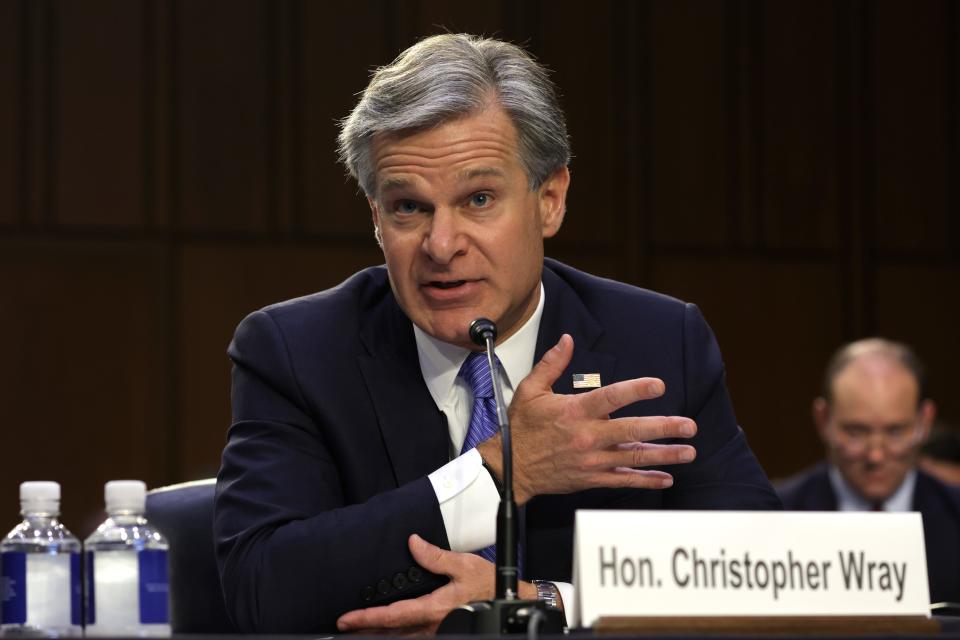 FBI Director Christopher Wray testifies during a hearing before the Senate Judiciary Committee on Thursday in Washington, D.C.