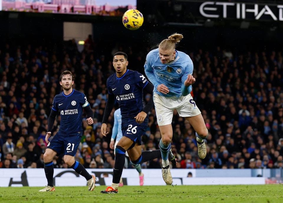 Erling Haaland had three great chances to score but headed all of them over the top (Action Images via Reuters)