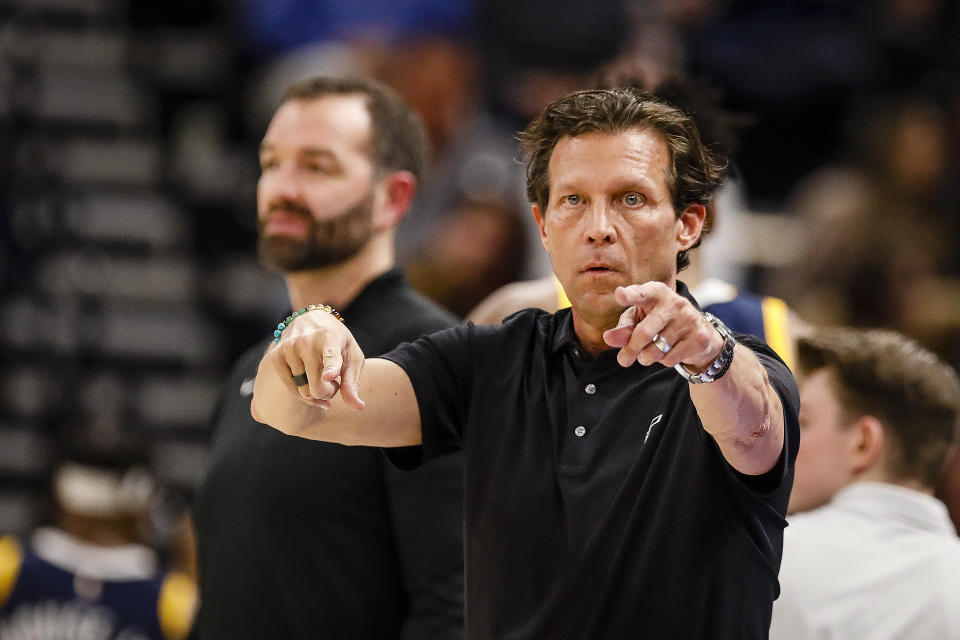 FILE - Utah Jazz Head Coach Quinn Snyder gives instructions to his team during the first half of an NBA basketball game, March 12, 2022, in Salt Lake City. Atlanta Hawks general manager Landry Fields said Wednesday, Feb. 22, 2023, that Snyder, the former Utah coach, will be “somebody we will consider” in the search to replace Nate McMillan. The Hawks fired McMillan on Tuesday, Feb. 21, and Fields stressed the team's eighth-place standing in the Eastern Conference is “not acceptable” for a team which advanced to the conference finals in 2021. (AP Photo/Adam Fondren, File)