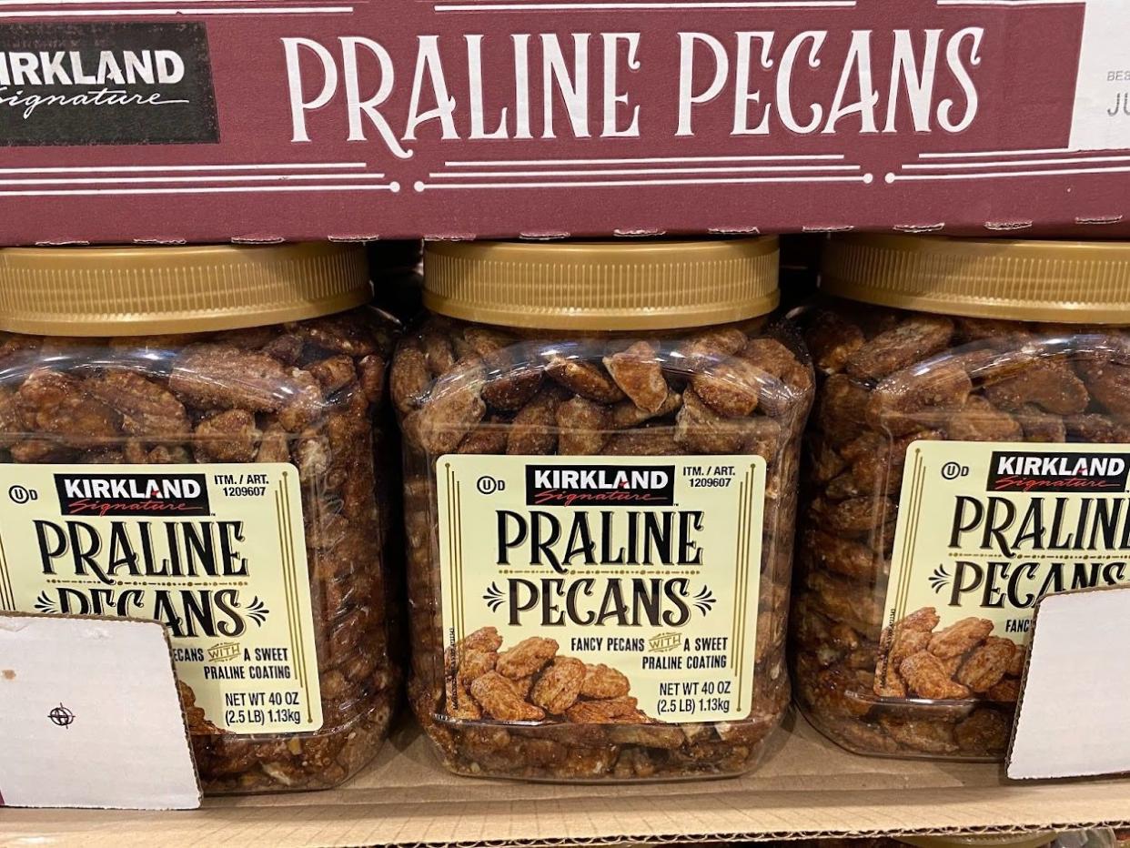2.5 pound clear plastic containers of praline pecans at Costco.