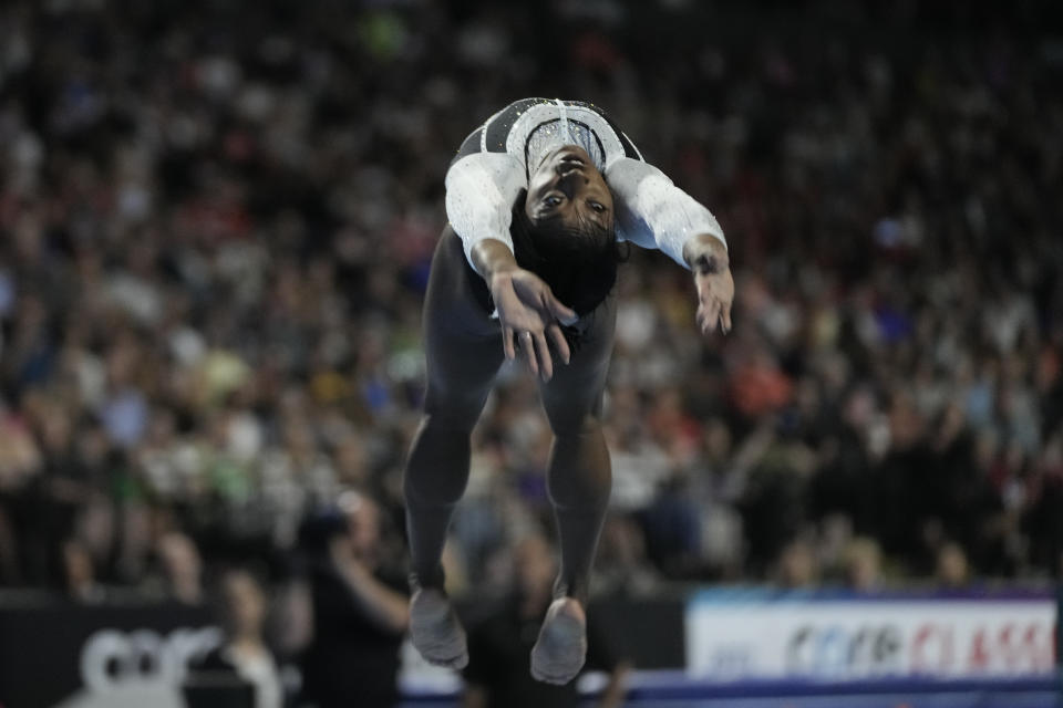 Simone Biles performs in the floor exercise at the U.S. Classic gymnastics competition Saturday, Aug. 5, 2023, in Hoffman Estates, Ill. (AP Photo/Morry Gash)