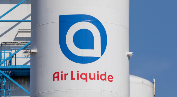 Air Liquide (AIQUY) company logo on a gas tank. Air Liquide S.A. is a French multinational company which supplies industrial gases and services