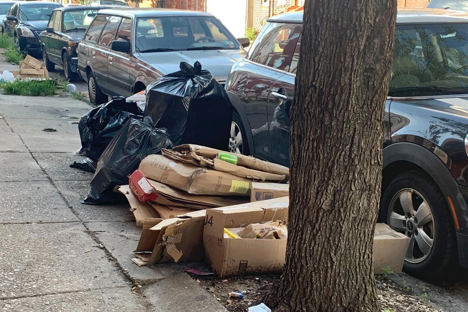 Trash rests piled up on a street Tuesday, July 28, 2020, in the Kensington neighborhood of Philadelphia. The COVID-19 pandemic has frustrated efforts to keep Philadelphia's streets clear of garbage this summer. Residents complain about the stink and the flies. (Kara Kneidl via AP)