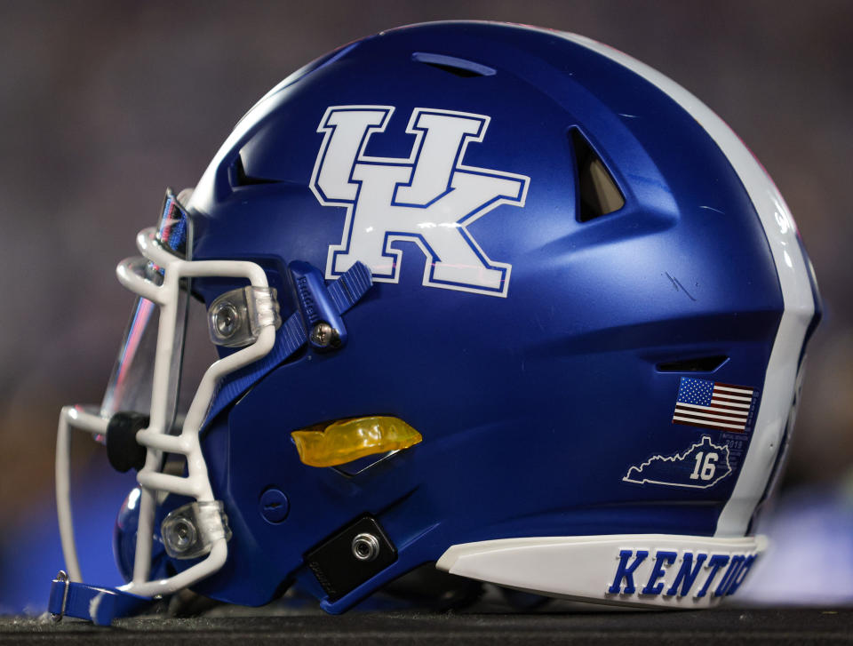 LEXINGTON, KY - SEPTEMBER 24: A Kentucky Wildcats helmet is seen during the game against the Northern Illinois Huskies at Kroger Field on September 24, 2022 in Lexington, Kentucky. (Photo by Michael Hickey/Getty Images)