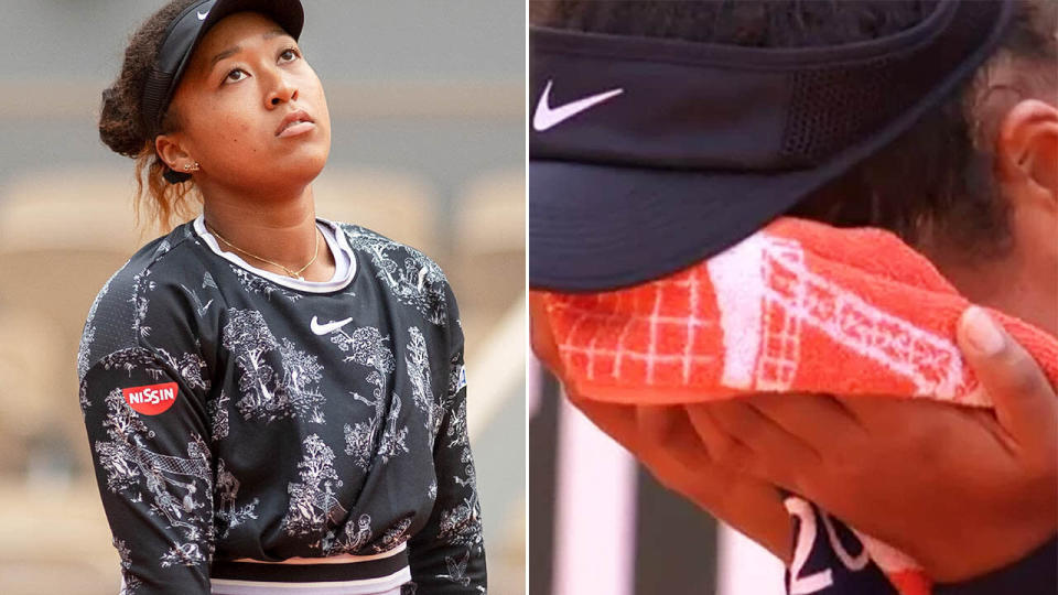 Naomi Osaka cried into her towel. Image: Getty/ITV