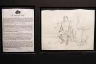 A pencil sketch drawn by Bob Dylan of his song "Like a Rolling Stone", is on display as part of an exhibit of his visual art at the Patricia & Phillip Frost Art Museum at Florida International University, Tuesday, Nov. 23, 2021, in Miami. "Retrospectrum" is the most comprehensive exhibit of Dylan's acrylics, watercolors, drawings and ironwork sculptures, to the held in the U.S. (AP Photo/Marta Lavandier)