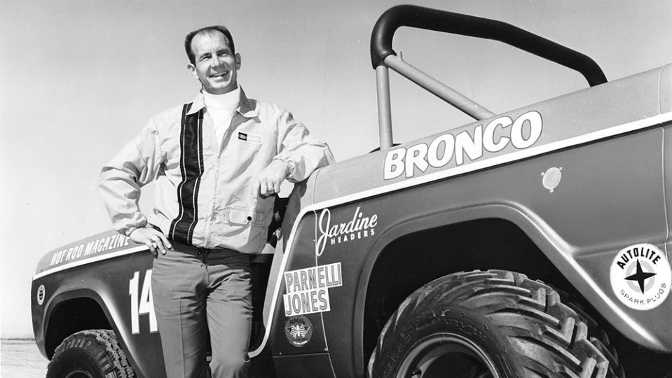 Parnelli Jones stands next to his Bronco off-road racer in 1968.