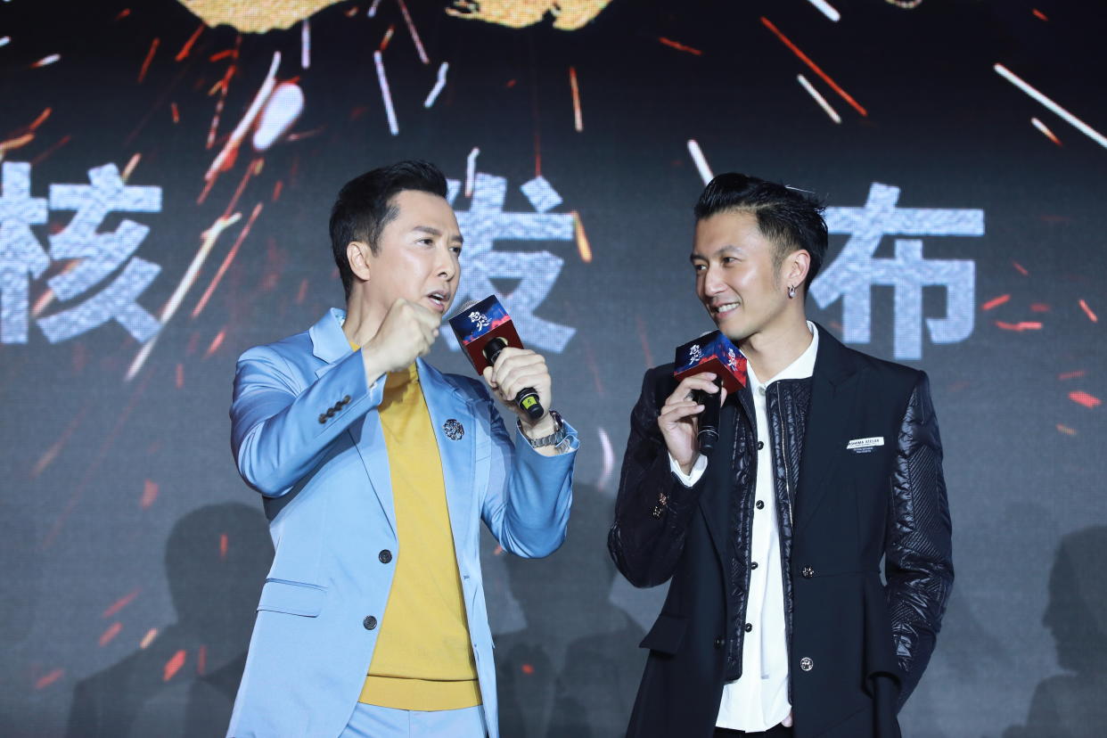 SHANGHAI, CHINA - JUNE 13: Actor Donnie Yen Ji-dan (L) and actor Nicholas Tse Ting-fung attend the press conference of film 'Raging Fire' during the 24th Shanghai International Film Festival on June 13, 2021 in Shanghai, China. (Photo by VCG/VCG via Getty Images)