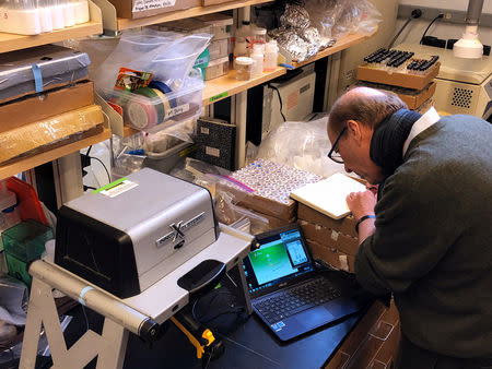 Professor Alexander Van Geen, Research Professor of Geochemistry at Columbia University, tests lead samples from Fort Benning, Georgia at the Lamont-Doherty Earth Observatory in Palisades, New York, U.S. March 29, 2018. REUTERS/Mike Wood