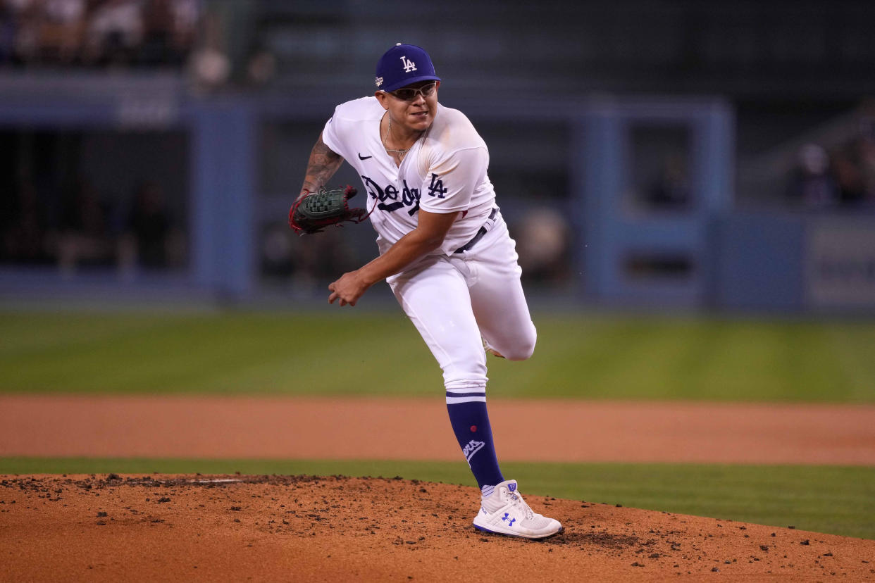 Oct 11, 2022; Los Angeles, California, USA; Los Angeles Dodgers starting pitcher Julio Urias (7) throws during game one of the NLDS for the 2022 MLB Playoffs against the San Diego Padres at Dodger Stadium. The Dodgers defeated the Padres 5-3. Mandatory Credit: Kirby Lee-USA TODAY Sports